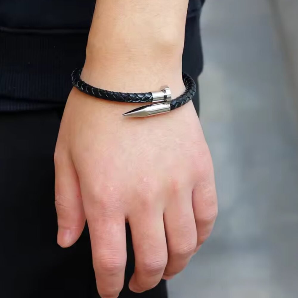Men Nail Leather Stainless Steel Bracelet - Picture 3 of 3